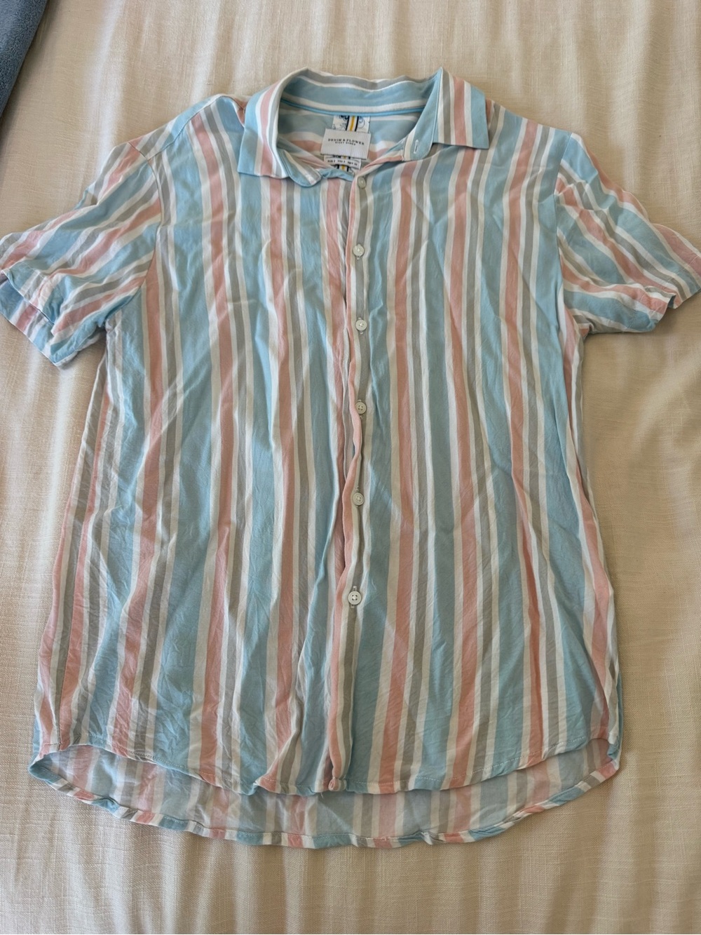 Denim & Flower Pastel Stripe Button-Down Shirt in Blue, Pink & White